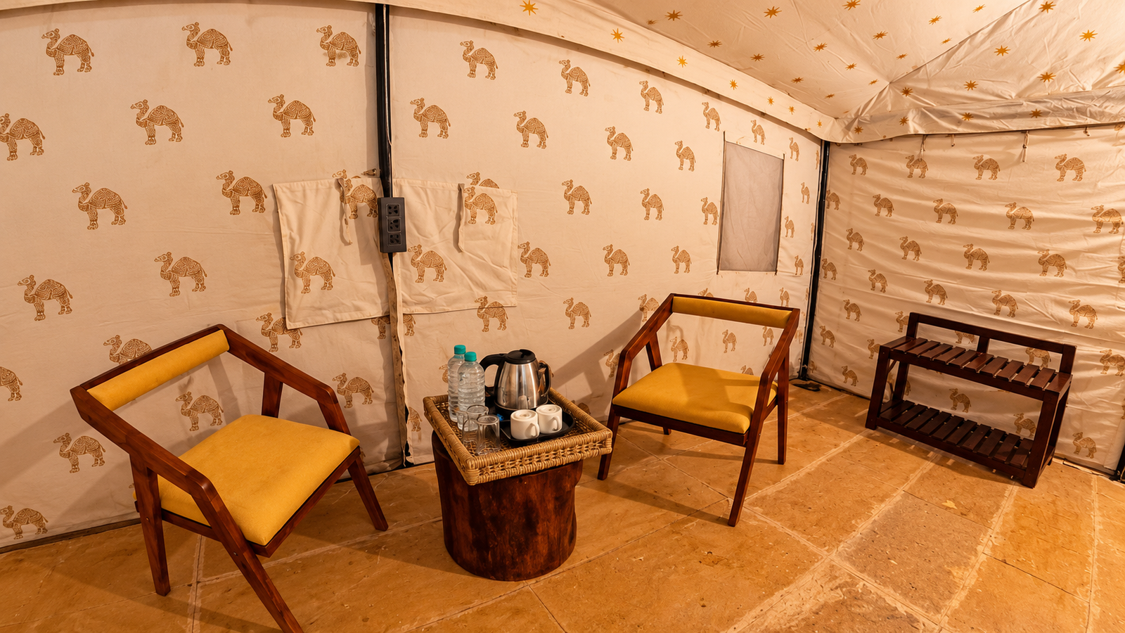 Cozy Camel Motif Desert Tent Interior